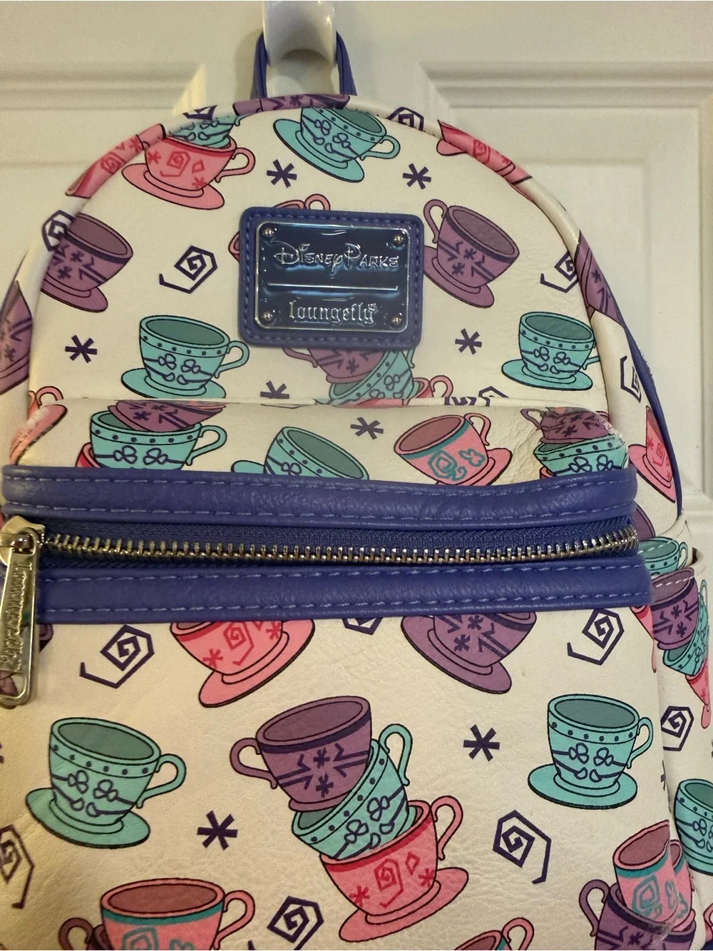 Loungefly Disney Teacup Pattern Mini Backpack in White, Purple, Pink, Teal